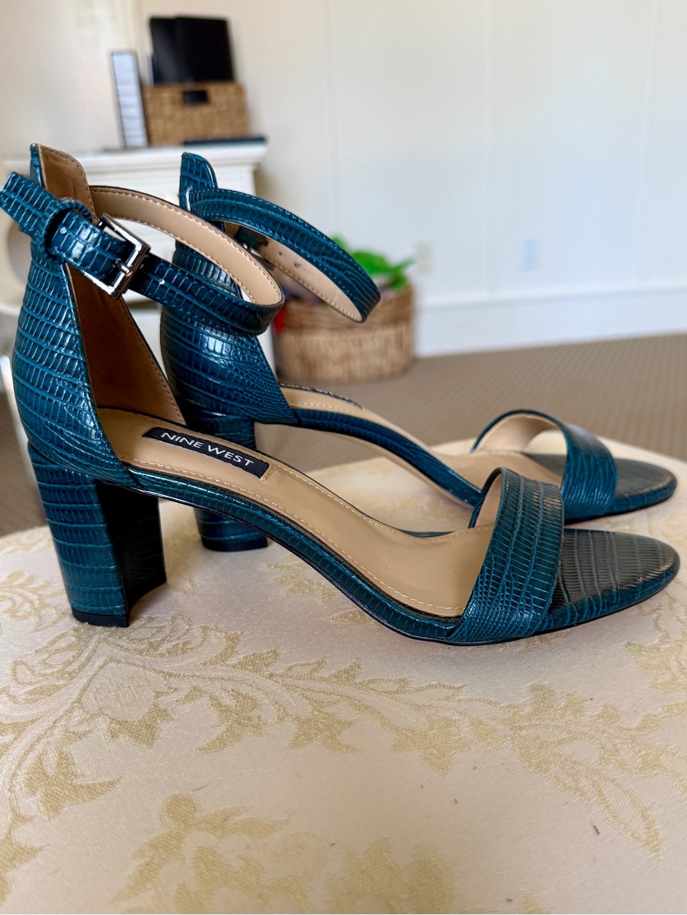Nine West Teal Croc-Embossed Ankle Strap Block Heels
